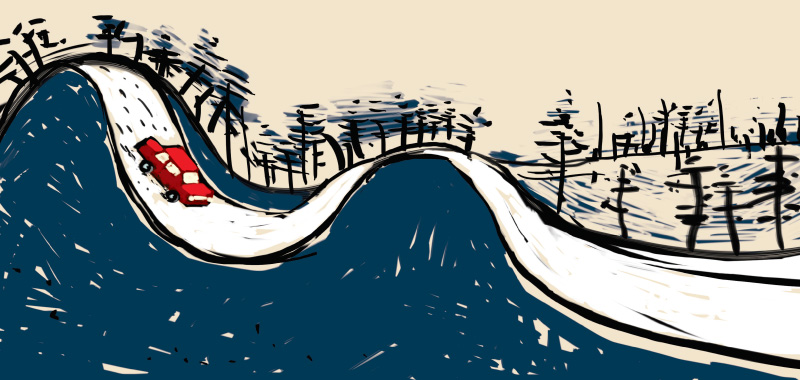 Comic story about country side, Car driving from hillside on the road